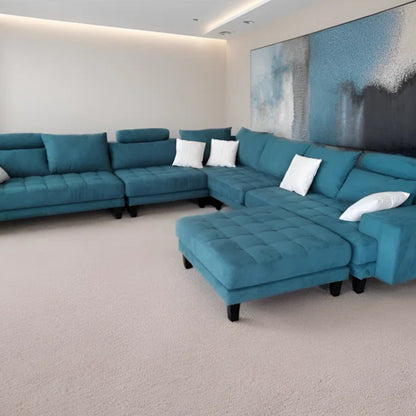 U-Shape Sectional Sofa: 5 - Piece Upholstered Fabric Sectional Sofa(Teal Microfiber/Microsuede)