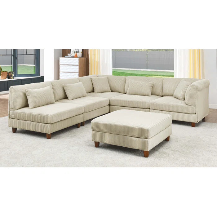 U-Shape Sectional Sofa: 6 - Piece Corduroy Sectional Sofa(Cream Corduroy)