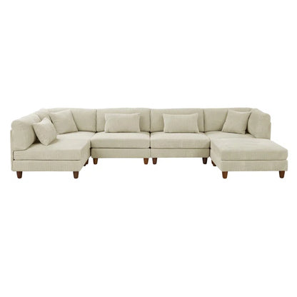 U-Shape Sectional Sofa: 6 - Piece Corduroy Sectional Sofa(Cream Corduroy)