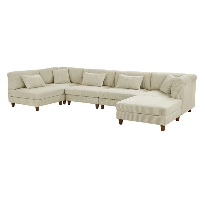 U-Shape Sectional Sofa: 6 - Piece Corduroy Sectional Sofa(Cream Corduroy)