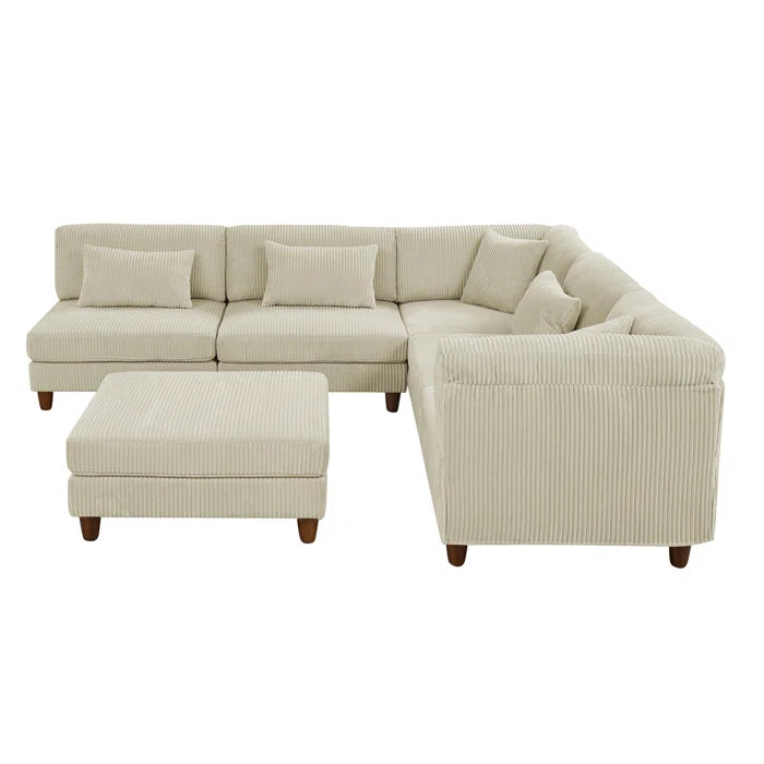 U-Shape Sectional Sofa: 6 - Piece Corduroy Sectional Sofa(Cream Corduroy)