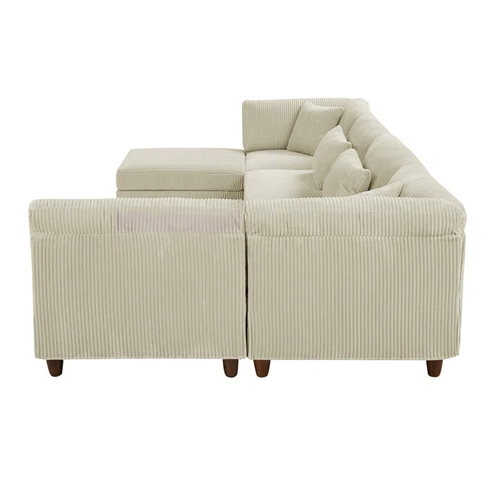 U-Shape Sectional Sofa: 6 - Piece Corduroy Sectional Sofa(Cream Corduroy)