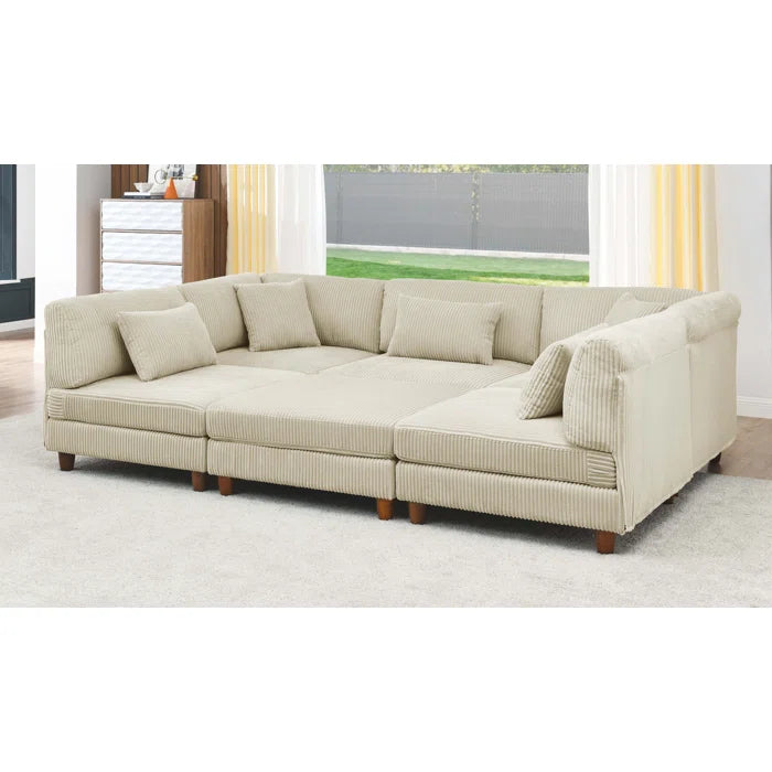 U-Shape Sectional Sofa: 6 - Piece Corduroy Sectional Sofa(Cream Corduroy)