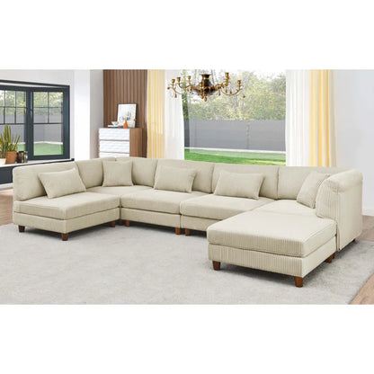 U-Shape Sectional Sofa: 6 - Piece Corduroy Sectional Sofa(Cream Corduroy)