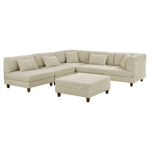 U-Shape Sectional Sofa: 6 - Piece Corduroy Sectional Sofa(Cream Corduroy)