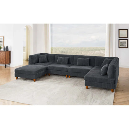 U-Shape Sectional Sofa: 6 - Piece Corduroy Sectional Sofa(Dark Gray Corduroy)