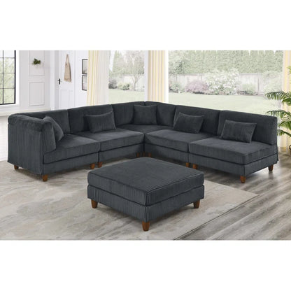 U-Shape Sectional Sofa: 6 - Piece Corduroy Sectional Sofa(Dark Gray Corduroy)