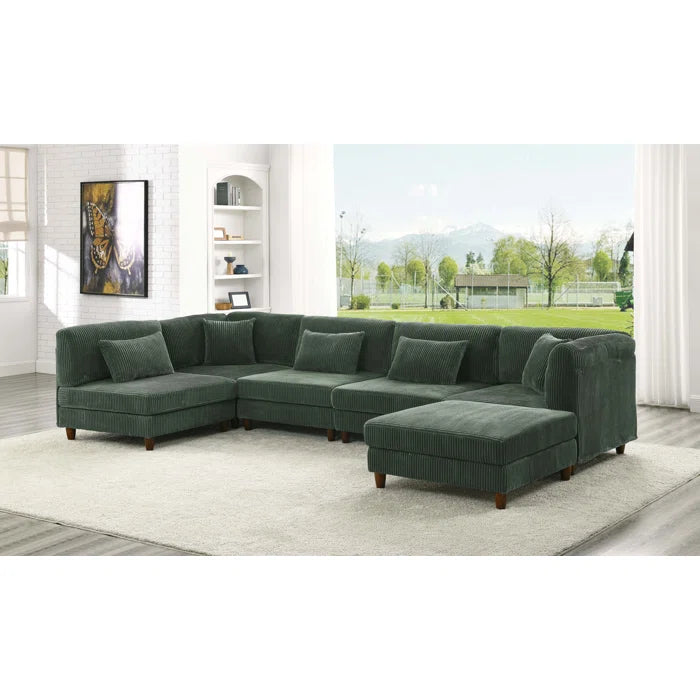 U-Shape Sectional Sofa: 6 - Piece Corduroy Sectional Sofa(Dark Green Corduroy)