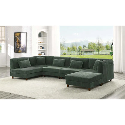 U-Shape Sectional Sofa: 6 - Piece Corduroy Sectional Sofa(Dark Green Corduroy)
