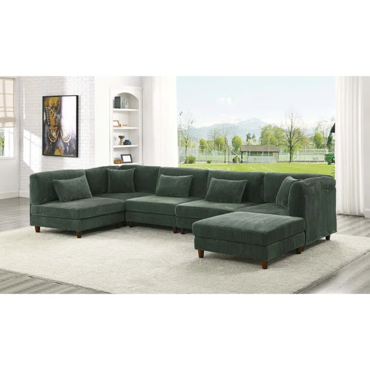 U-Shape Sectional Sofa: 6 - Piece Corduroy Sectional Sofa(Dark Green Corduroy)