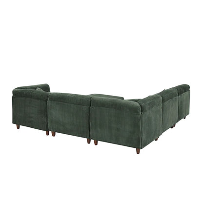 U-Shape Sectional Sofa: 6 - Piece Corduroy Sectional Sofa(Dark Green Corduroy)