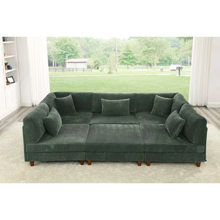 U-Shape Sectional Sofa: 6 - Piece Corduroy Sectional Sofa(Dark Green Corduroy)