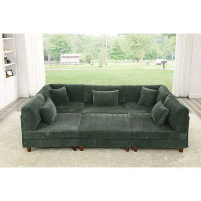 U-Shape Sectional Sofa: 6 - Piece Corduroy Sectional Sofa(Dark Green Corduroy)
