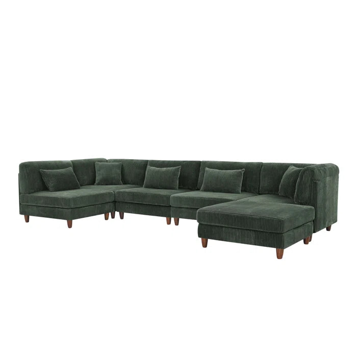 U-Shape Sectional Sofa: 6 - Piece Corduroy Sectional Sofa(Dark Green Corduroy)