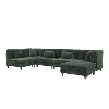 U-Shape Sectional Sofa: 6 - Piece Corduroy Sectional Sofa(Dark Green Corduroy)