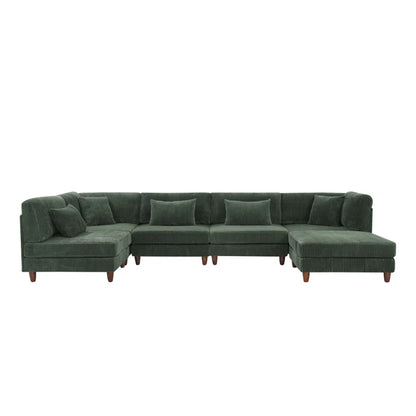 U-Shape Sectional Sofa: 6 - Piece Corduroy Sectional Sofa(Dark Green Corduroy)