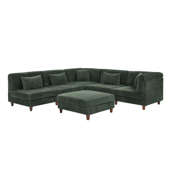 U-Shape Sectional Sofa: 6 - Piece Corduroy Sectional Sofa(Dark Green Corduroy)