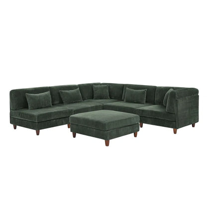 U-Shape Sectional Sofa: 6 - Piece Corduroy Sectional Sofa(Dark Green Corduroy)