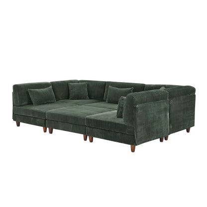 U-Shape Sectional Sofa: 6 - Piece Corduroy Sectional Sofa(Dark Green Corduroy)
