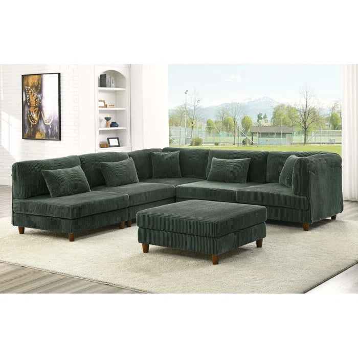 U-Shape Sectional Sofa: 6 - Piece Corduroy Sectional Sofa(Dark Green Corduroy)