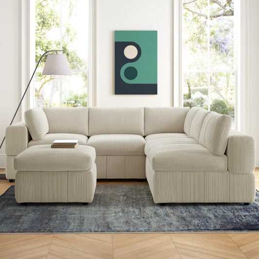 L-Shape and U-Shape Sectional Sofa: 6 - Piece Corduroy Sectional(Beige Corduroy)