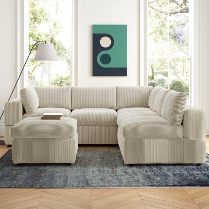 L-Shape and U-Shape Sectional Sofa: 6 - Piece Corduroy Sectional(Beige Corduroy)