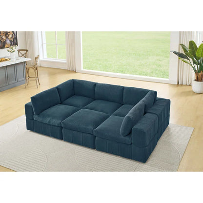 L-Shape and U-Shape Sectional Sofa: 6 - Piece Corduroy Sectional(Dark Blue Corduroy)