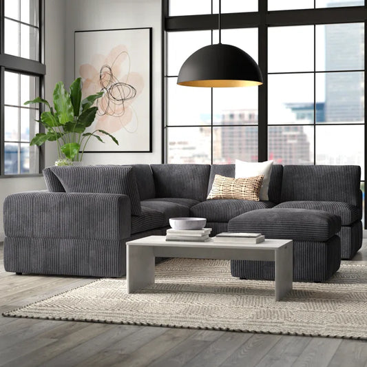 L-Shape and U-Shape Sectional Sofa: 6 - Piece Corduroy Sectional(Dark Gray Corduroy)