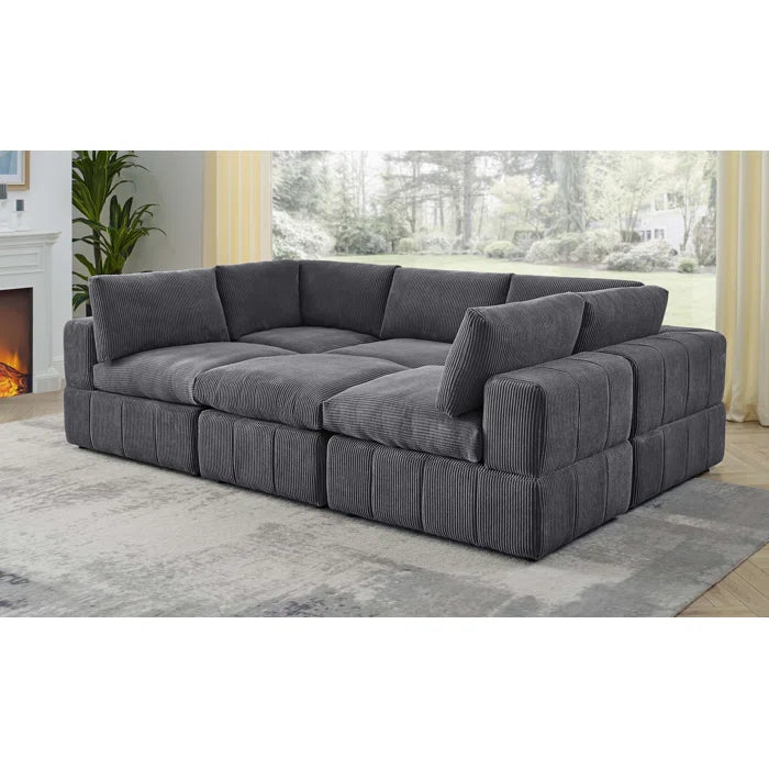 L-Shape and U-Shape Sectional Sofa: 6 - Piece Corduroy Sectional(Dark Gray Corduroy)