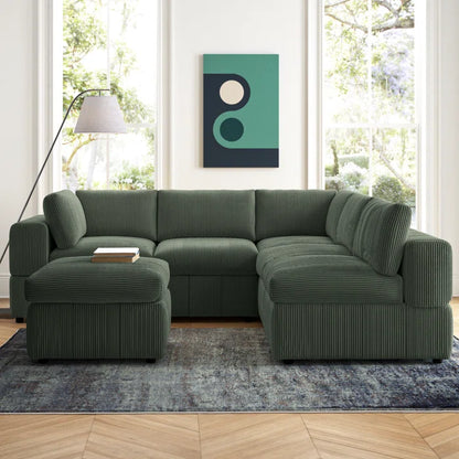 L-Shape and U-Shape Sectional Sofa: 6 - Piece Corduroy Sectional(Dark Green Corduroy)