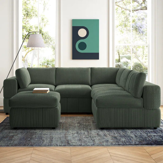 L-Shape and U-Shape Sectional Sofa: 6 - Piece Corduroy Sectional(Dark Green Corduroy)