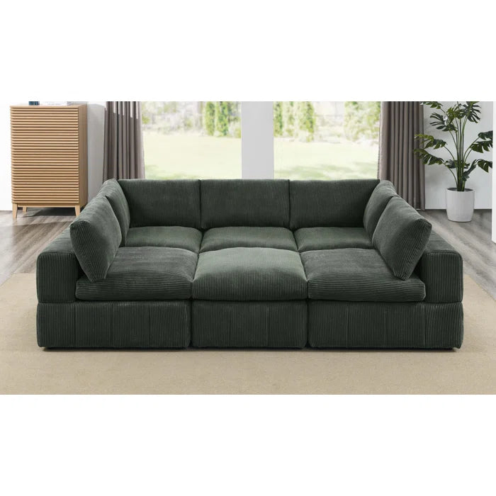 L-Shape and U-Shape Sectional Sofa: 6 - Piece Corduroy Sectional(Dark Green Corduroy)