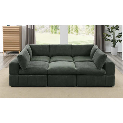 L-Shape and U-Shape Sectional Sofa: 6 - Piece Corduroy Sectional(Dark Green Corduroy)