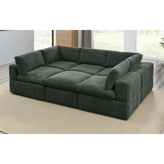 L-Shape and U-Shape Sectional Sofa: 6 - Piece Corduroy Sectional(Dark Green Corduroy)
