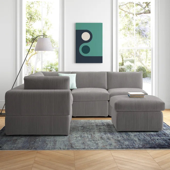 L-Shape and U-Shape Sectional Sofa: 6 - Piece Corduroy Sectional(Light Gray Corduroy)