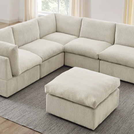 U-Shape Sectional Sofa: 6 - Piece Corduroy Sectional blends modern style with plush comfort(Cream Corduroy)