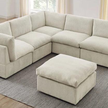 U-Shape Sectional Sofa: 6 - Piece Corduroy Sectional blends modern style with plush comfort(Cream Corduroy)