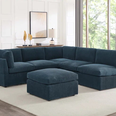 U-Shape Sectional Sofa: 6 - Piece Corduroy Sectional blends modern style with plush comfort(Dark Blue Corduroy)