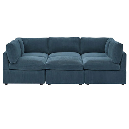 U-Shape Sectional Sofa: 6 - Piece Corduroy Sectional blends modern style with plush comfort(Dark Blue Corduroy)