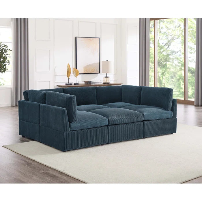 U-Shape Sectional Sofa: 6 - Piece Corduroy Sectional blends modern style with plush comfort(Dark Blue Corduroy)