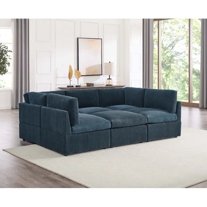 U-Shape Sectional Sofa: 6 - Piece Corduroy Sectional blends modern style with plush comfort(Dark Blue Corduroy)