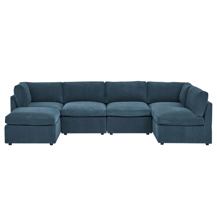 U-Shape Sectional Sofa: 6 - Piece Corduroy Sectional blends modern style with plush comfort(Dark Blue Corduroy)
