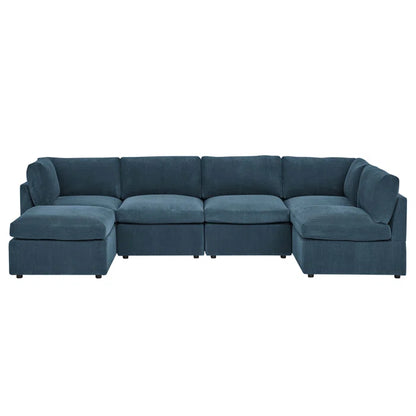 U-Shape Sectional Sofa: 6 - Piece Corduroy Sectional blends modern style with plush comfort(Dark Blue Corduroy)