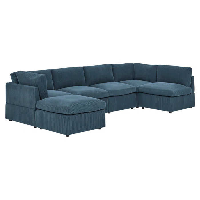 U-Shape Sectional Sofa: 6 - Piece Corduroy Sectional blends modern style with plush comfort(Dark Blue Corduroy)
