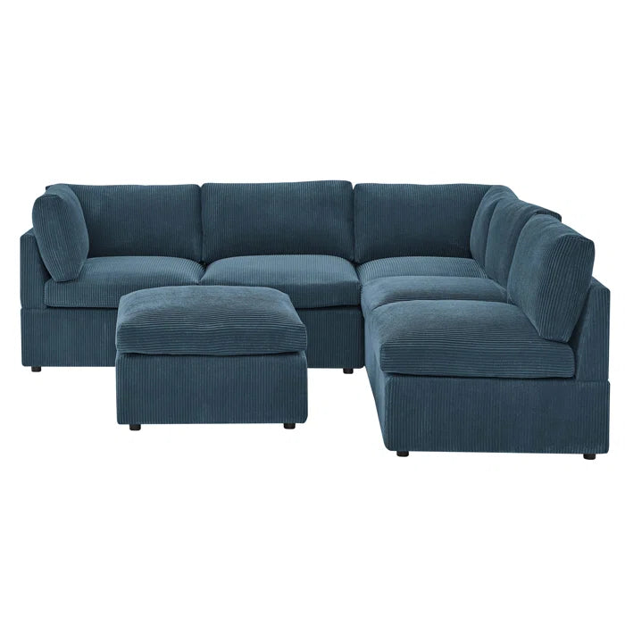 U-Shape Sectional Sofa: 6 - Piece Corduroy Sectional blends modern style with plush comfort(Dark Blue Corduroy)