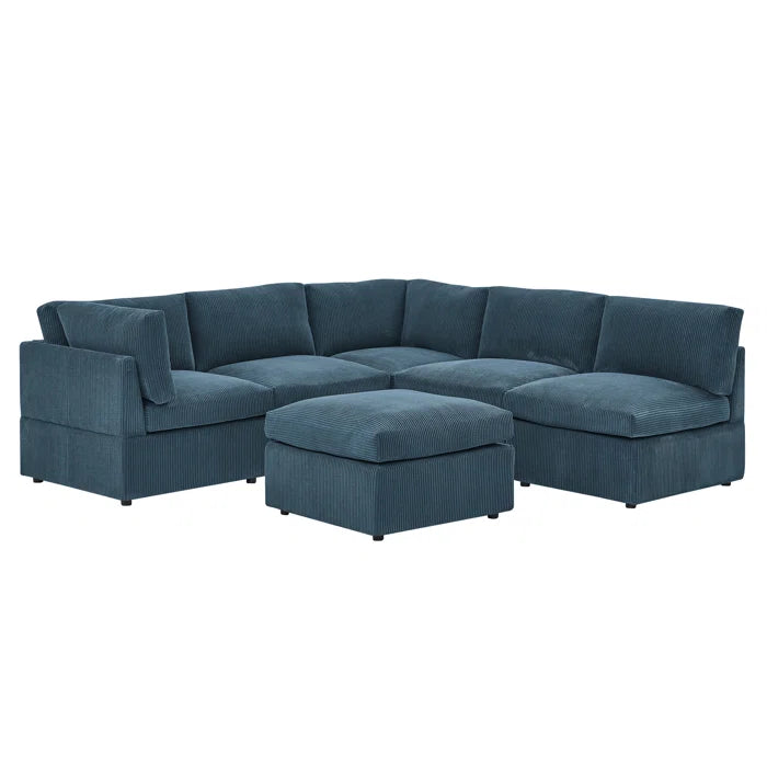 U-Shape Sectional Sofa: 6 - Piece Corduroy Sectional blends modern style with plush comfort(Dark Blue Corduroy)