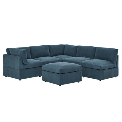 U-Shape Sectional Sofa: 6 - Piece Corduroy Sectional blends modern style with plush comfort(Dark Blue Corduroy)