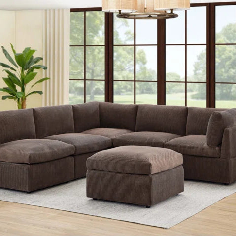 U-Shape Sectional Sofa: 6 - Piece Corduroy Sectional blends modern style with plush comfort(Dark Brown Corduroy)