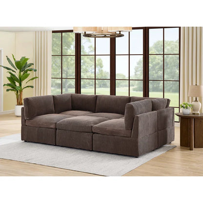 U-Shape Sectional Sofa: 6 - Piece Corduroy Sectional blends modern style with plush comfort(Dark Brown Corduroy)