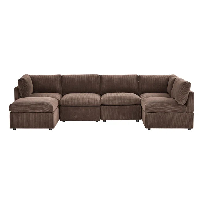 U-Shape Sectional Sofa: 6 - Piece Corduroy Sectional blends modern style with plush comfort(Dark Brown Corduroy)